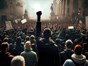 protesting crowd people city street with raised fist rear view anti war national protest march