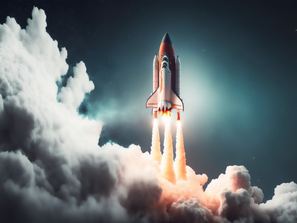 rocket launch startup with fire flames cloud smoke starry sky background airplane shuttle taking off into depths space spaceship trip atmosphere