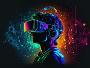 young man glasses virtual reality dark background